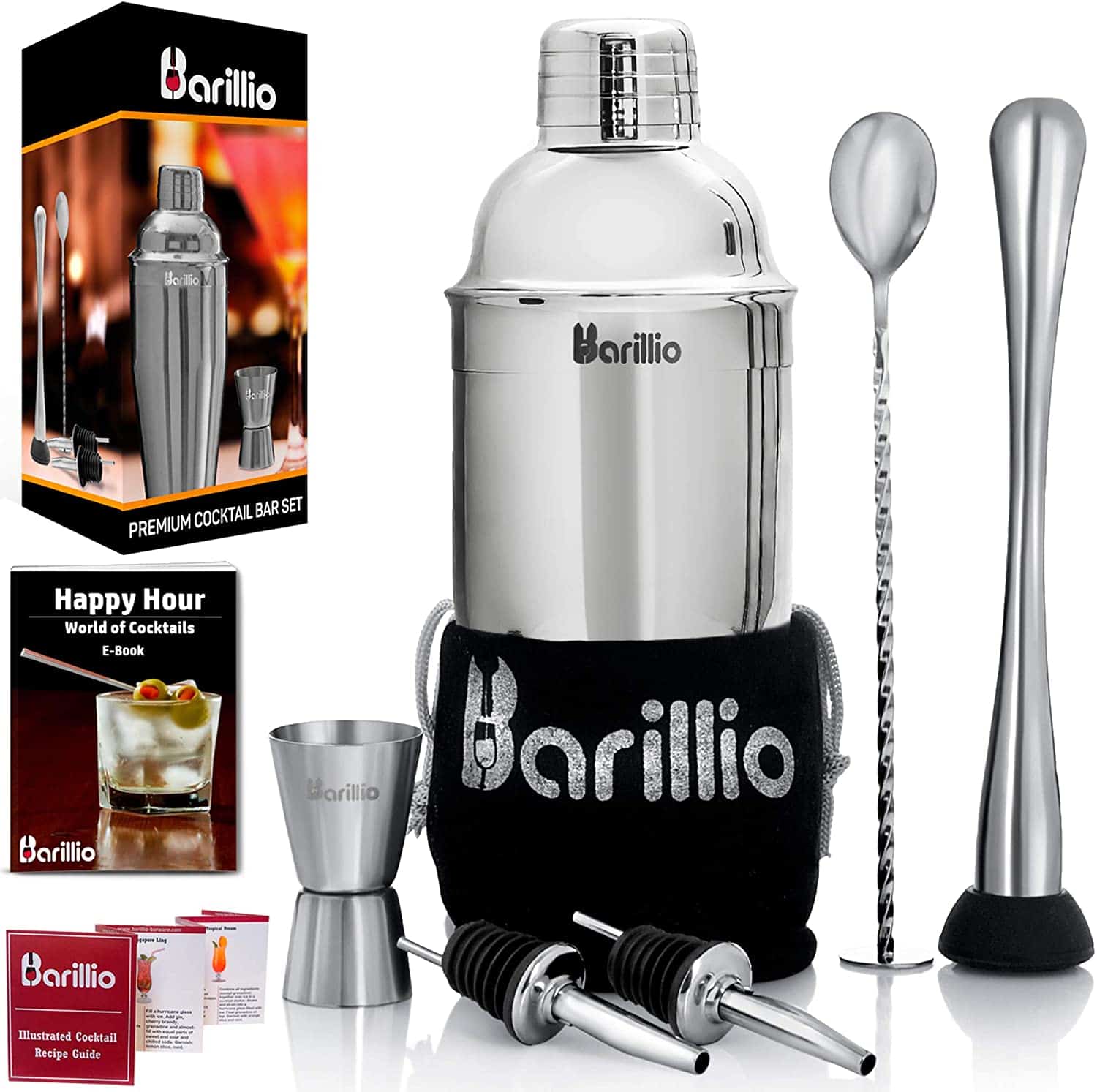 Elite Cocktail Shaker Set Bartender Kit by BARILLIO 24 oz Stainless Steel Martini Mixer min