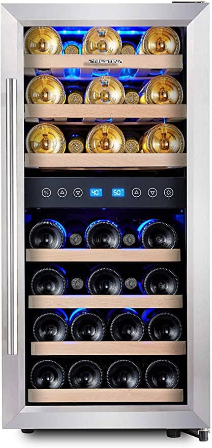 Phiestina Dual Zone Wine Cooler Refrigerator 33 Bottle Free Standing Compressor Fridge